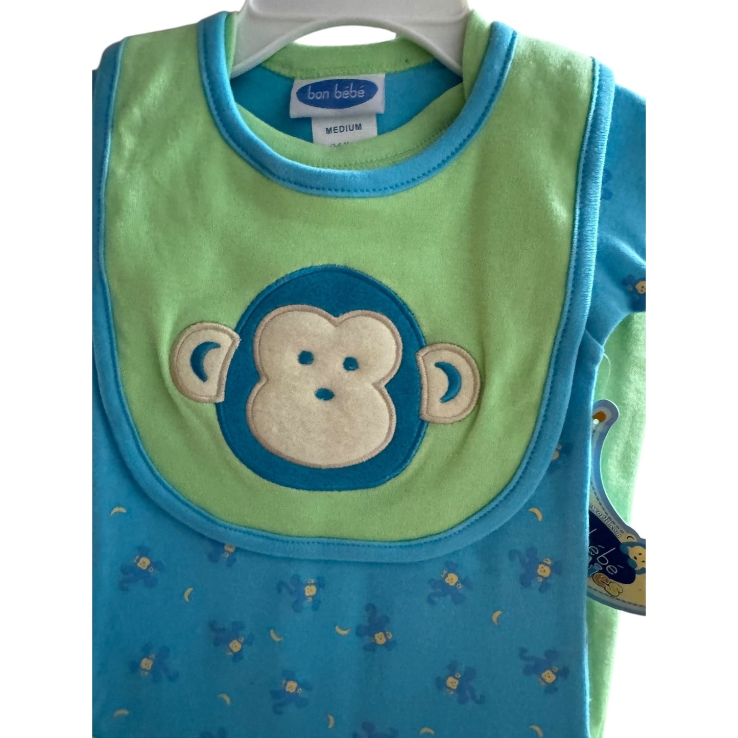 Bon Bébé 3-Piece Baby Outfit Set With Bib Bodysuit & Blanket - Monkey Design - Medium 3-6 Mos Blue/Green