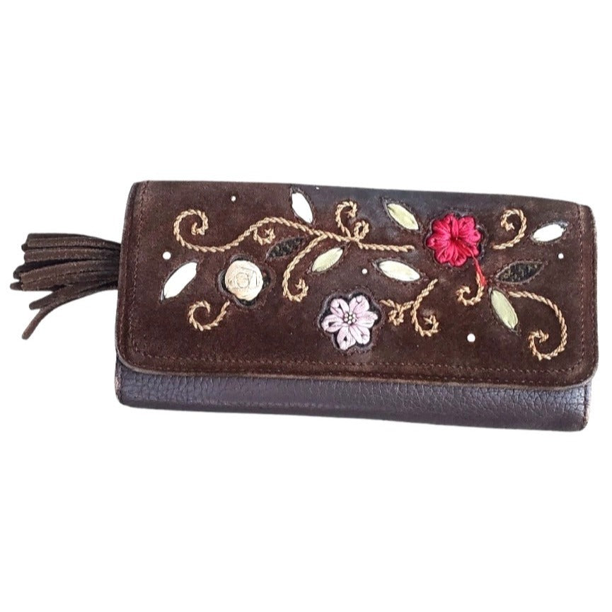 Brighton Women's Brown Leather Floral Embroidered Wallet