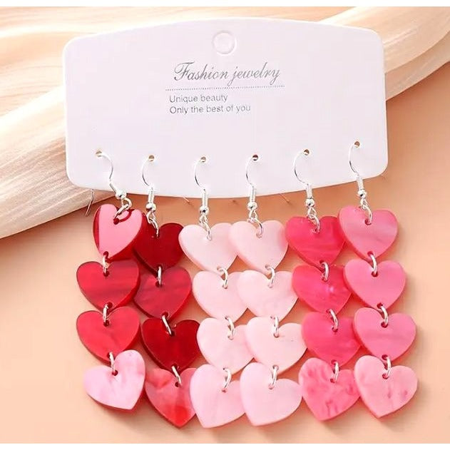 Heart-Shaped Dangle Earrings 3pc Set In Red & Pink Tones