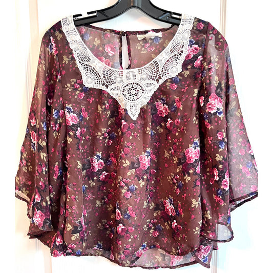 Derek Heart Women's Floral Lace Neck Sheer Blouse SZ Medium Burgundy & Pink