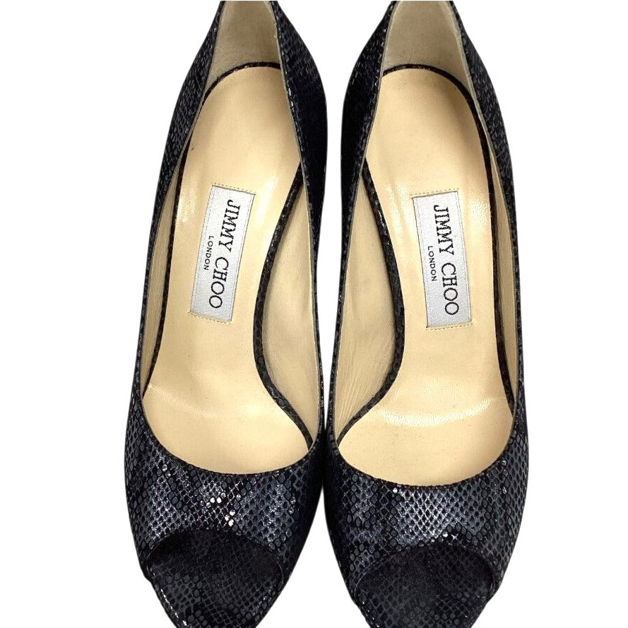 Jimmy Choo London Python Leather Peep-Toe Heels 37.5 (US 7.5)