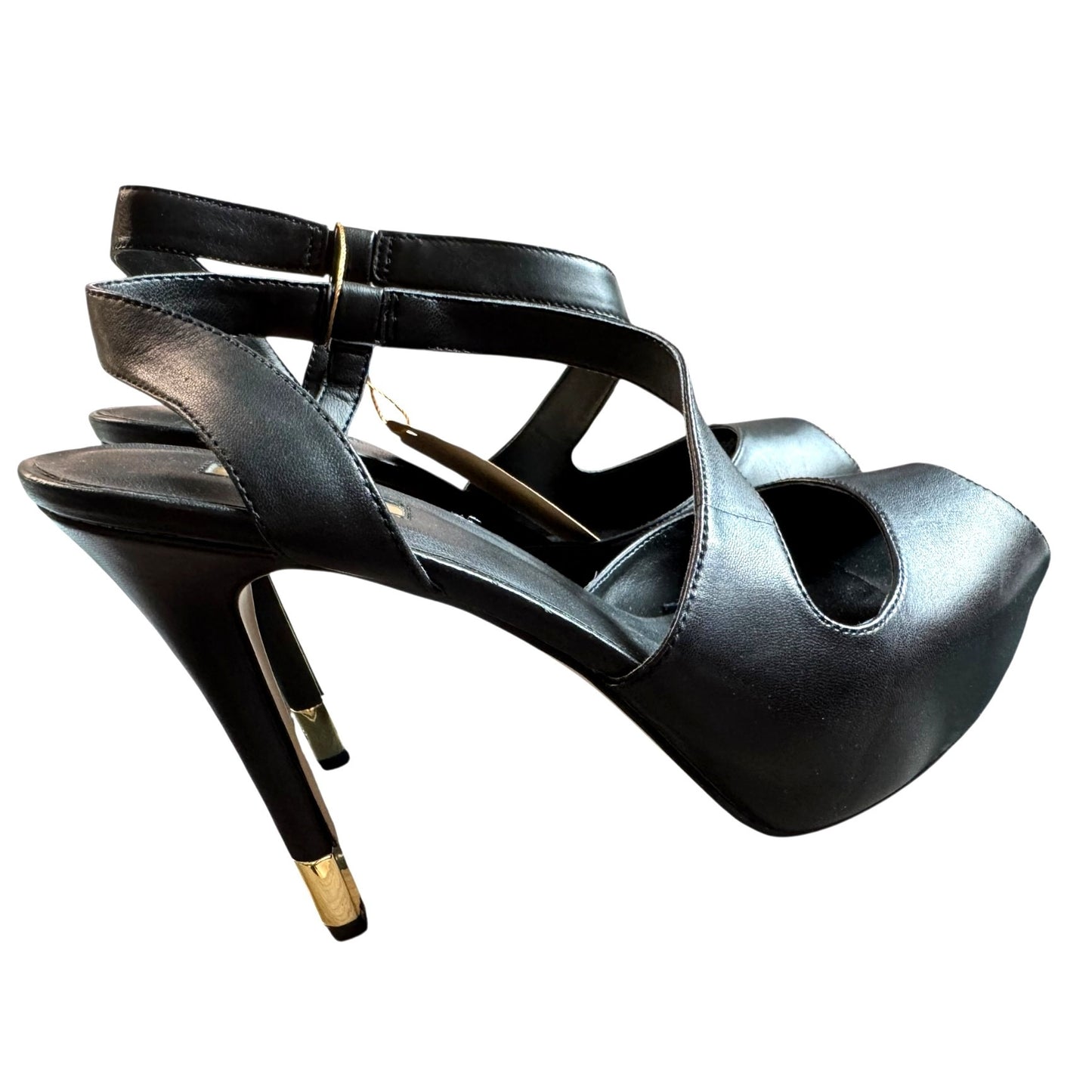 GUESS Hilarie Black Leather Peep Toe Sz 9 Heels