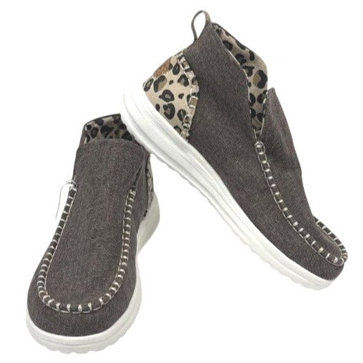 Hey Dude Grey & Leopard Print High Top Slip-On Casual Shoe Women 7 NWT