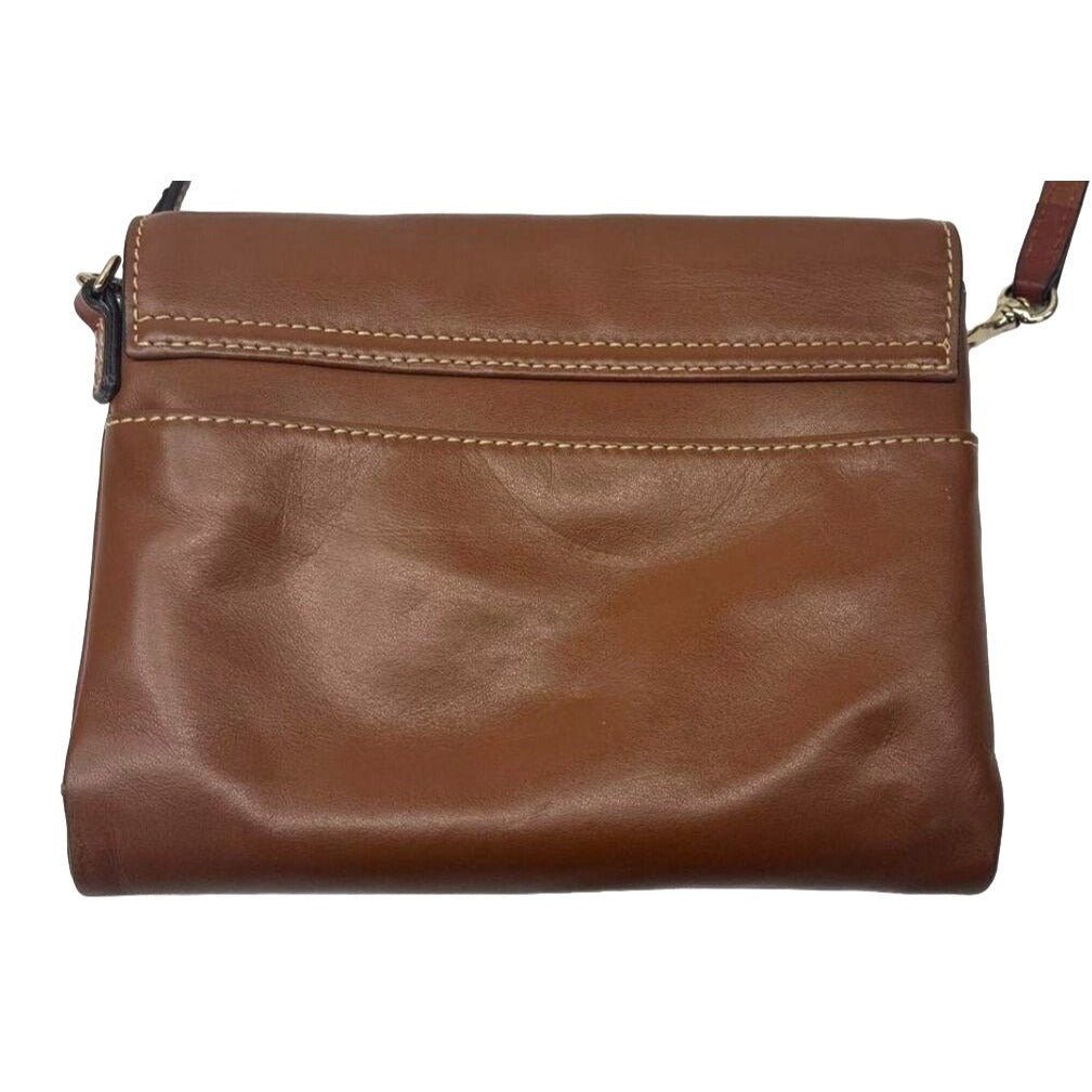 Dooney & Bourke Womens Brown Leather Crossbody Bag With Red Interior & Multiple Compartments