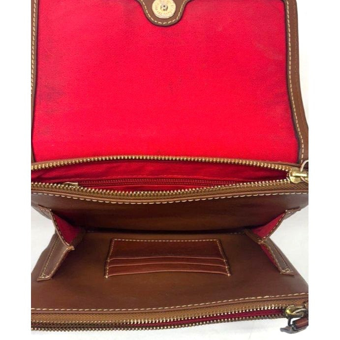 Dooney & Bourke Womens Brown Leather Crossbody Bag With Red Interior & Multiple Compartments