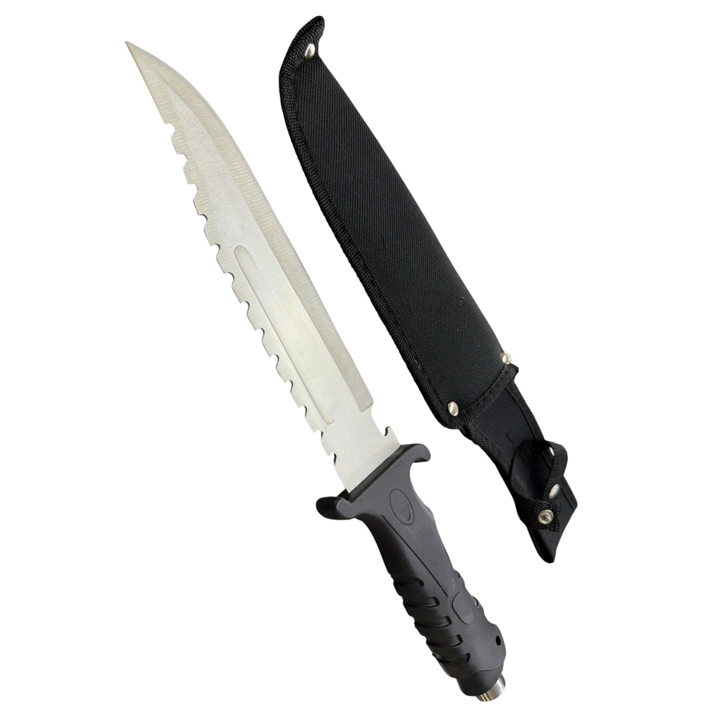 Survival Knife With Serrated Stainless Steel Blade Black Rubber Handle & Nylon Sheath - Durable Outdoor Tool For Camping & Hunting