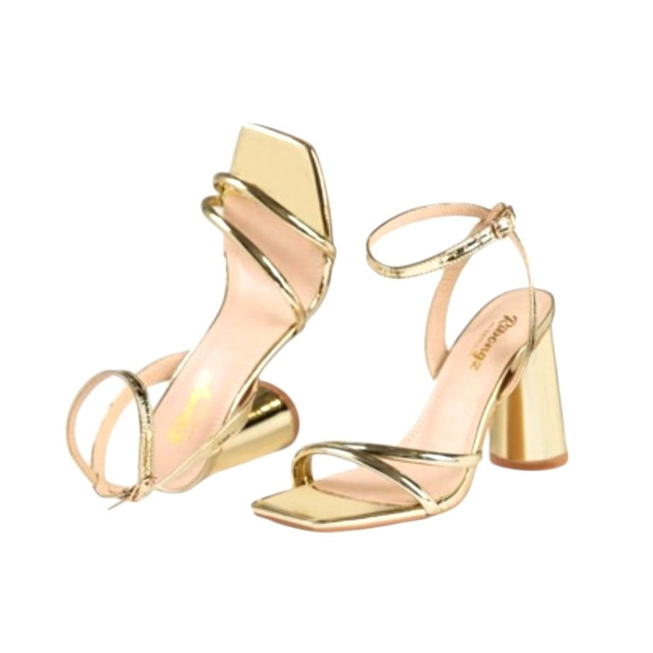 RIBONGZ Gold Block Heel Sandals With Strappy Design NWB  Size 6.5