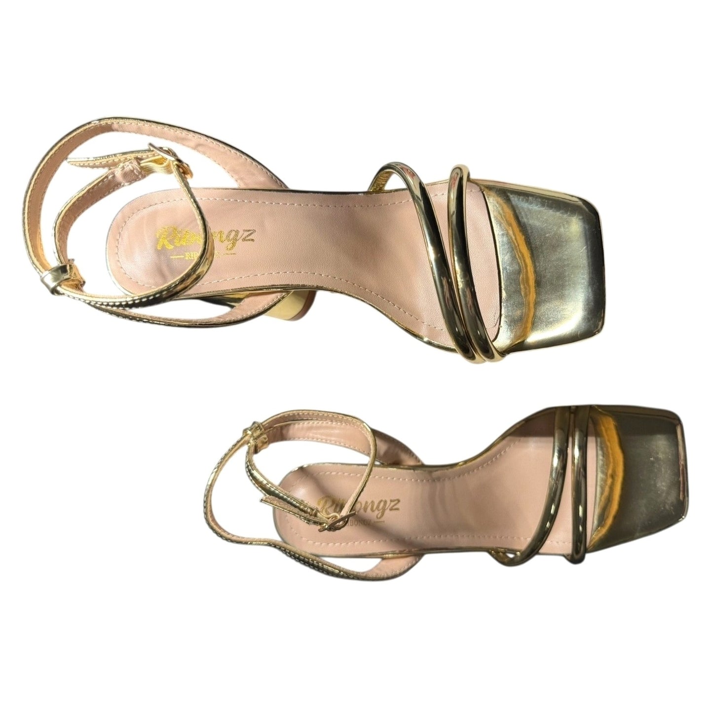RIBONGZ Gold Block Heel Sandals With Strappy Design NWB  Size 6.5