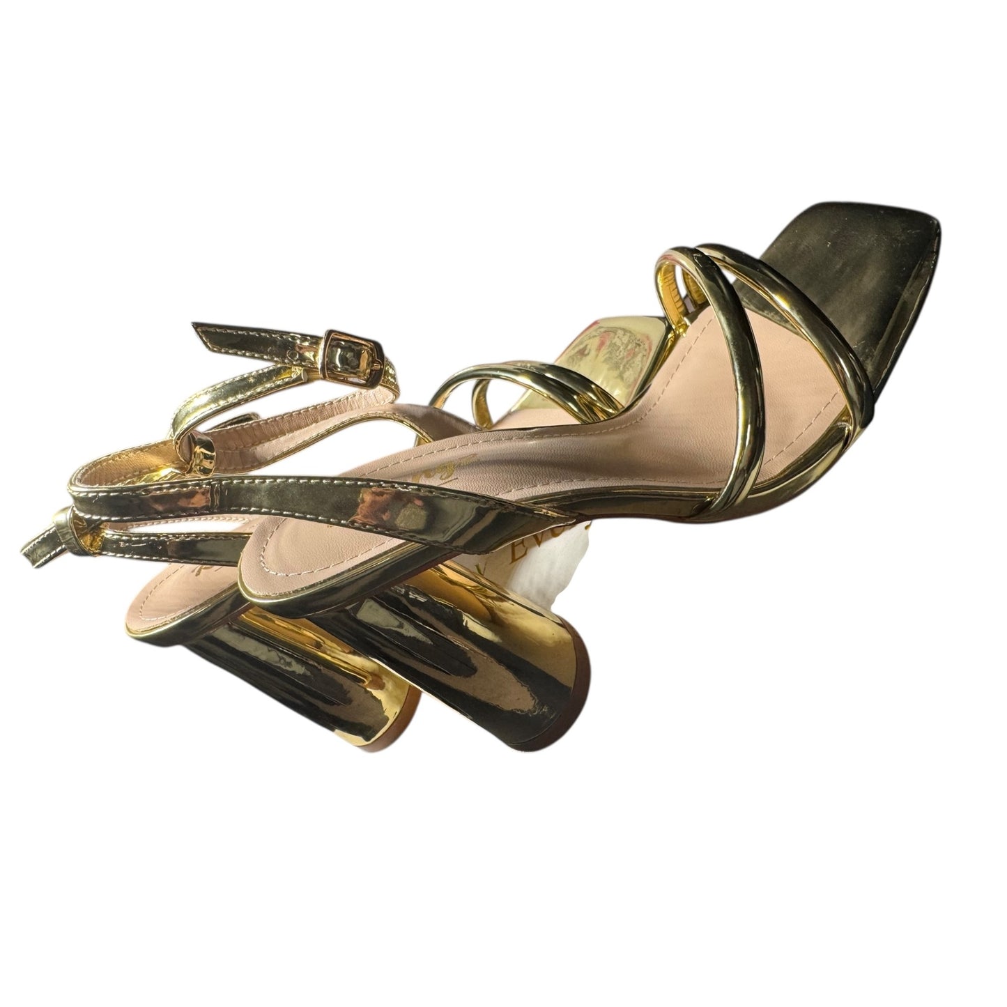 RIBONGZ Gold Block Heel Sandals With Strappy Design NWB  Size 6.5