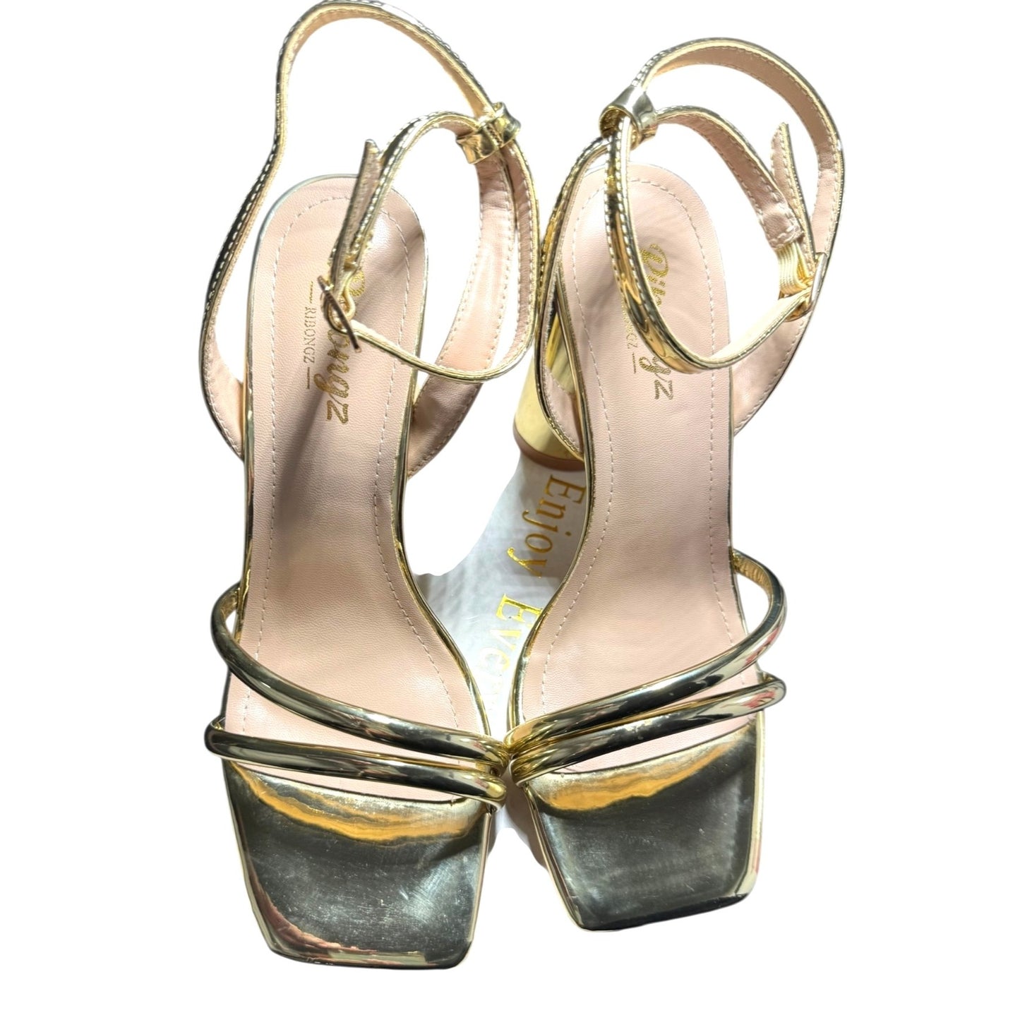 RIBONGZ Gold Block Heel Sandals With Strappy Design NWB  Size 6.5