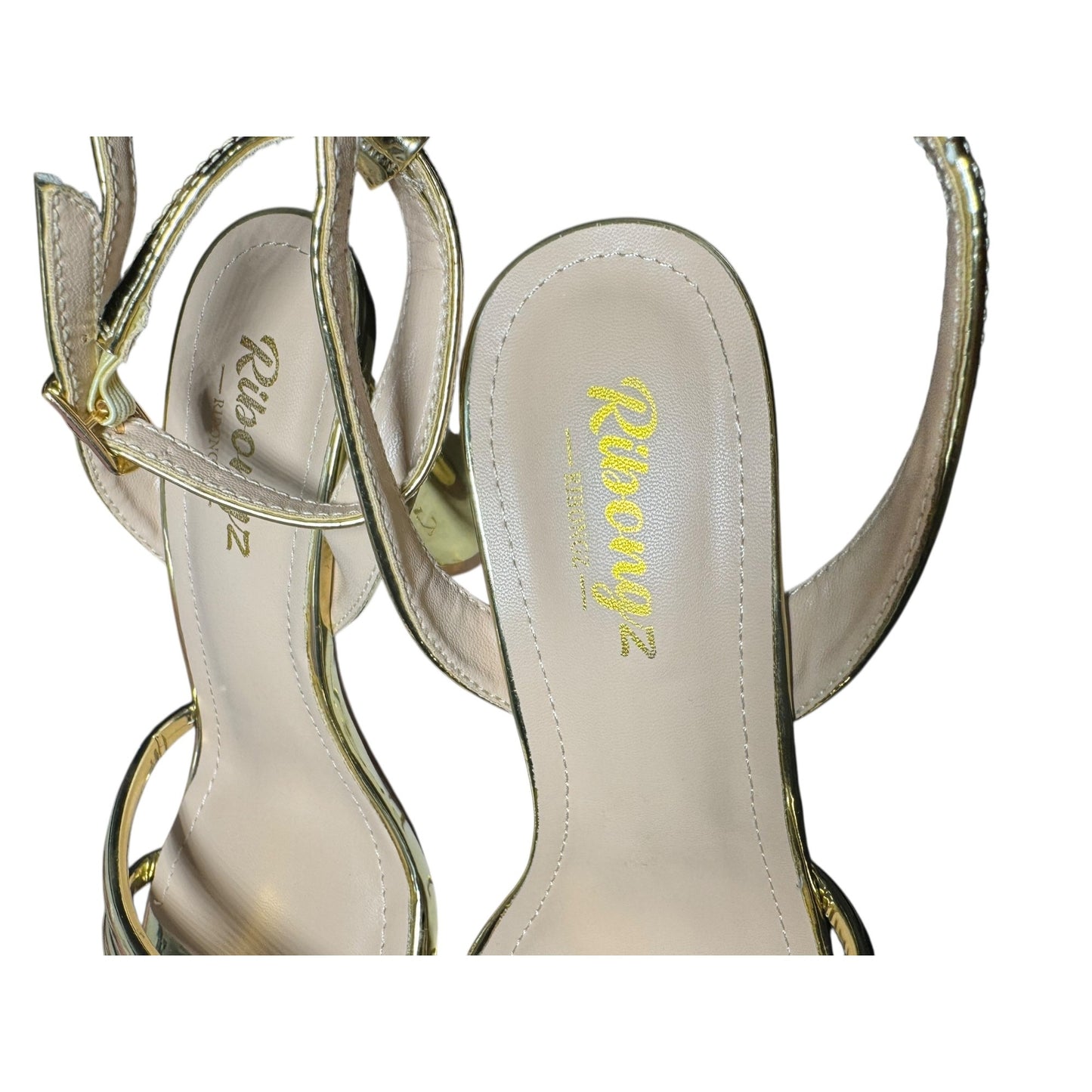 RIBONGZ Gold Block Heel Sandals With Strappy Design NWB  Size 6.5