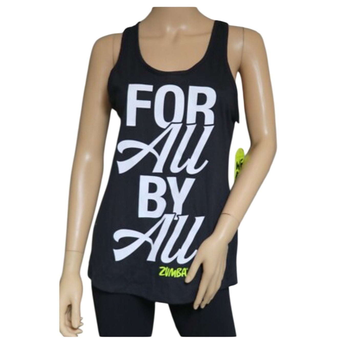 Zumba Womens Black Racerback Tank Top With "For All By All" Graphic Print XS NWT