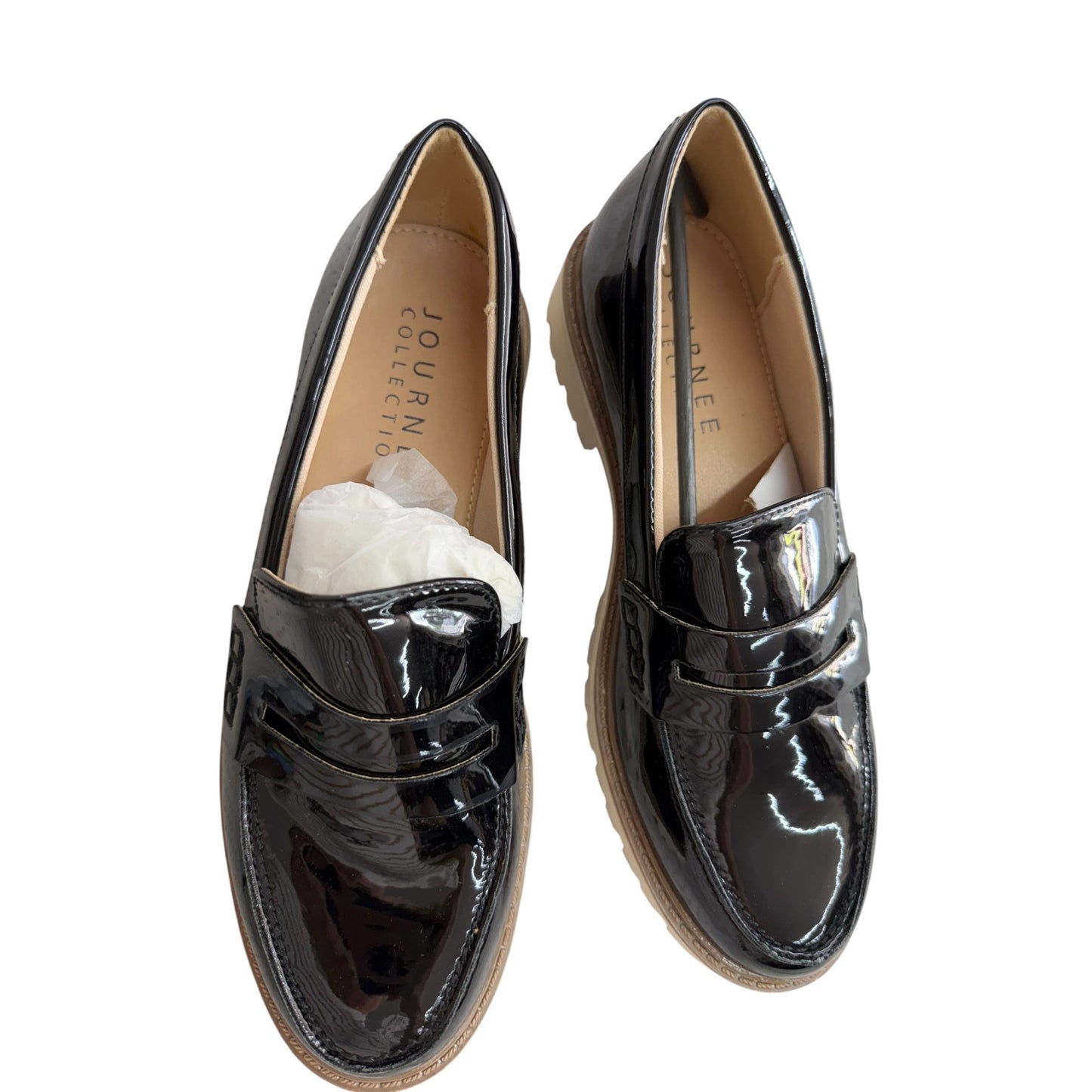 Journee Collection Women’s Black Patent Loafers With Lug Sole & Cushioned Footbed – Size 6.5