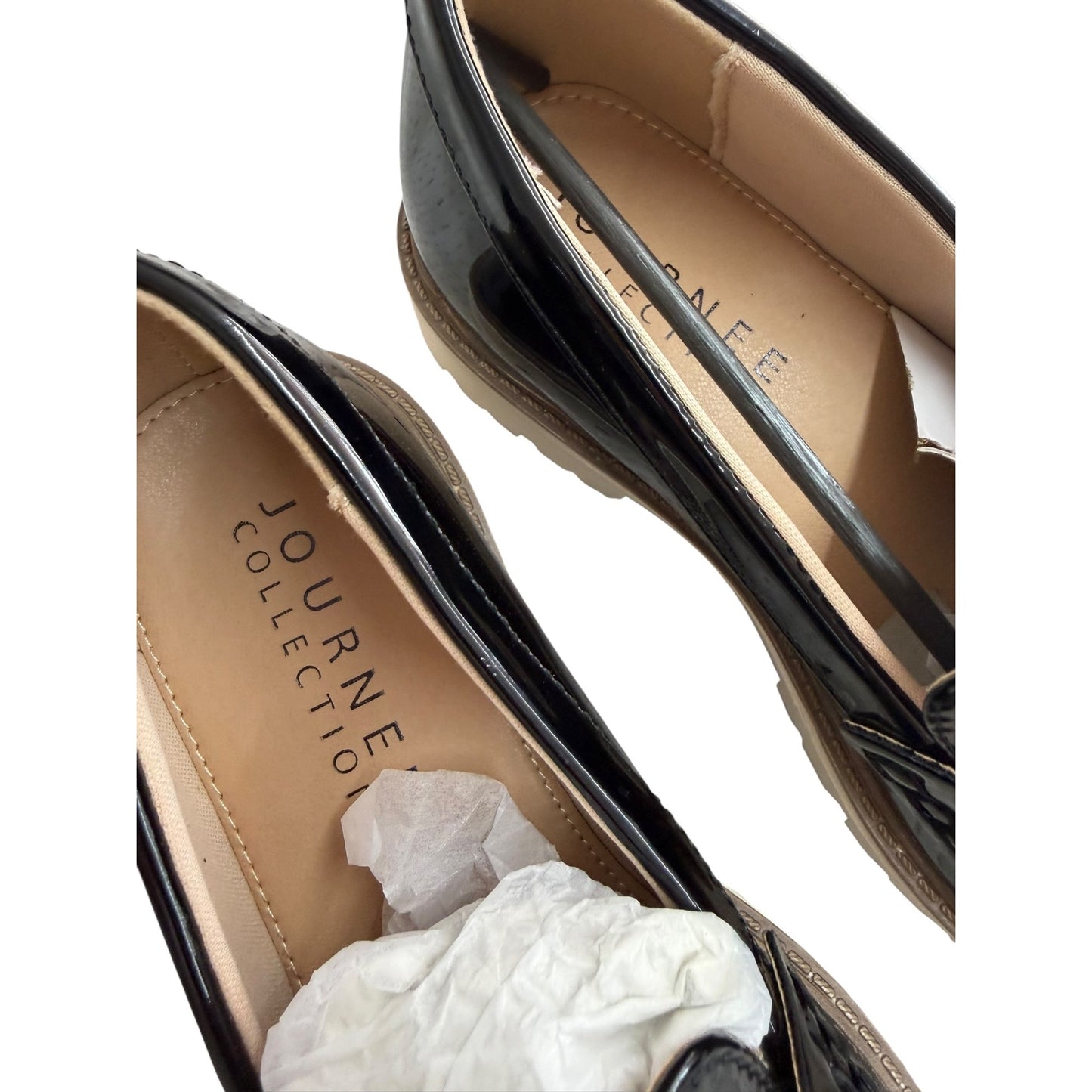 Journee Collection Women’s Black Patent Loafers With Lug Sole & Cushioned Footbed – Size 6.5