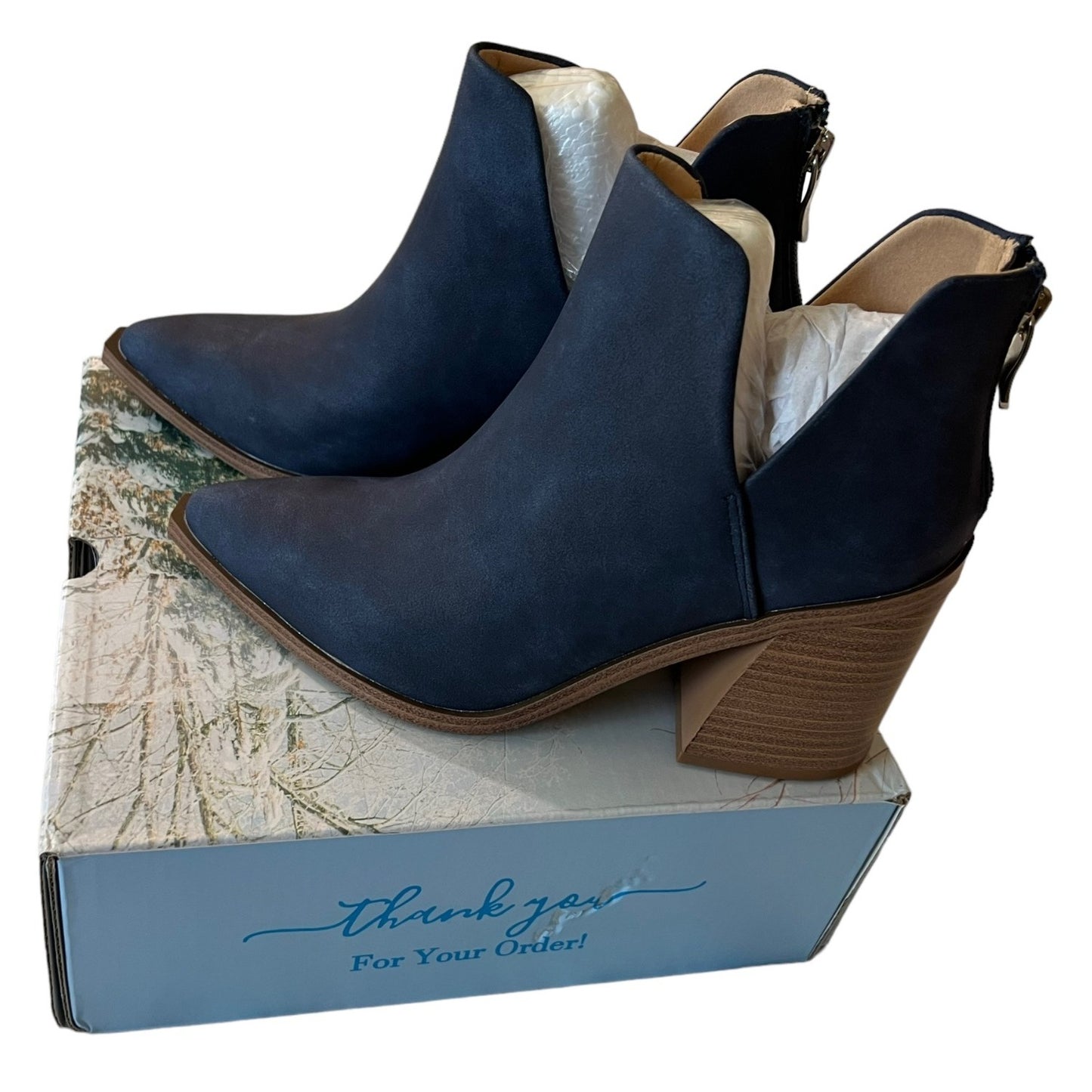 Navy Blue Ankle Boots With Chunky Heel & Back Zipper Closure Size 5.5 NWB
