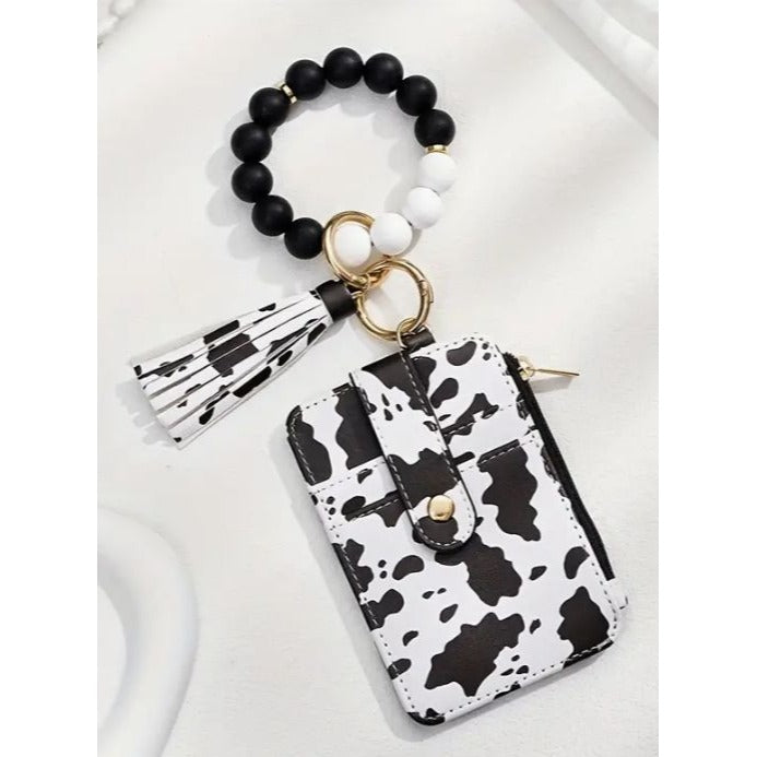 Cow Print Wristlet Keychain Wallet With Tassel Faux Leather Card Holder & Zipper Pocket