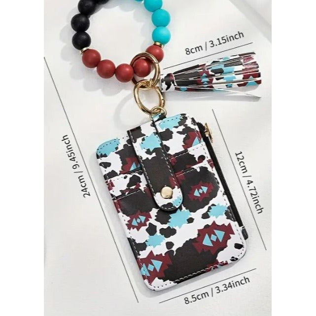 Cow Print Wristlet Keychain Wallet With Tassel Faux Leather Card Holder & Zipper Pocket