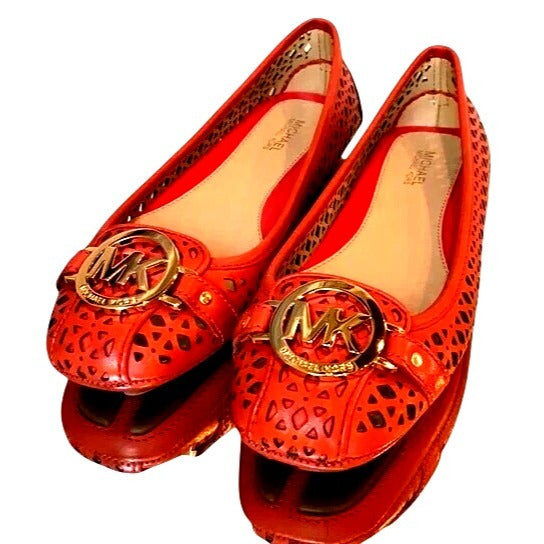 Michael Kors Orange Laser Cut Leather Ballet Flats With Gold MK Logo Womens Size 7