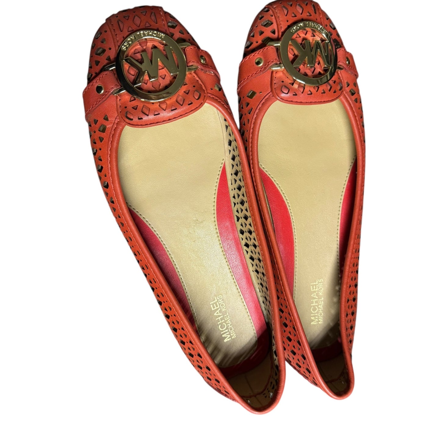 Michael Kors Orange Laser Cut Leather Ballet Flats With Gold MK Logo Womens Size 7