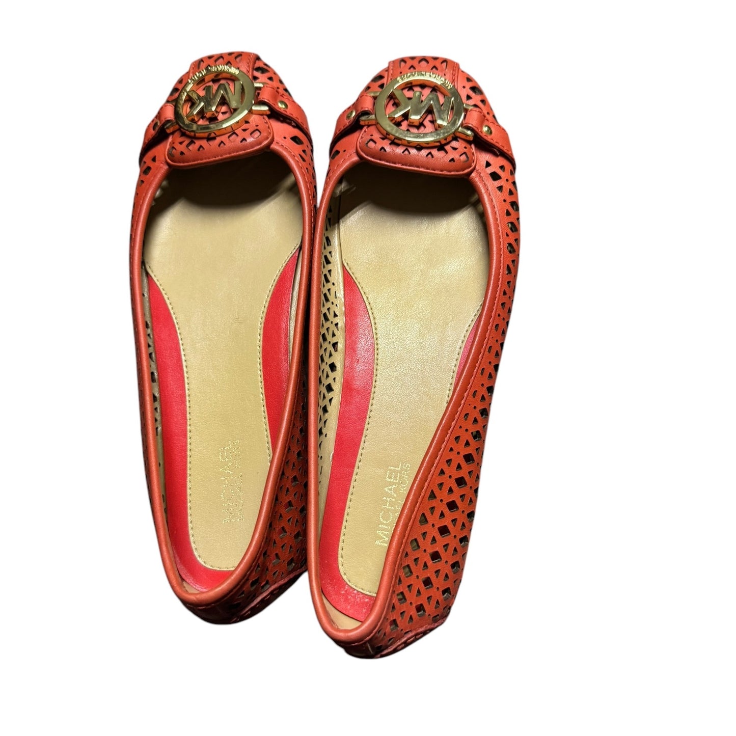 Michael Kors Orange Laser Cut Leather Ballet Flats With Gold MK Logo Womens Size 7