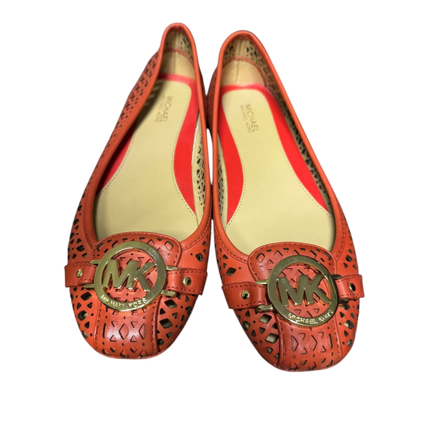 Michael Kors Orange Laser Cut Leather Ballet Flats With Gold MK Logo Womens Size 7
