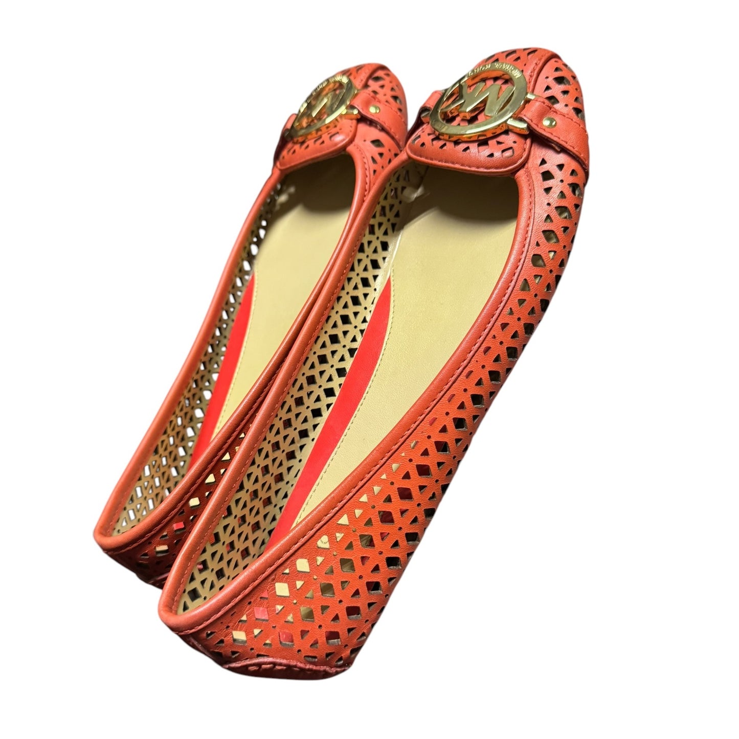 Michael Kors Orange Laser Cut Leather Ballet Flats With Gold MK Logo Womens Size 7