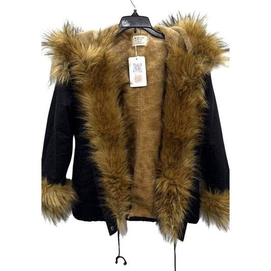 AOFUR Women's Black Jacket With Faux Fur Trimmed Hood & Cuffs Size XL