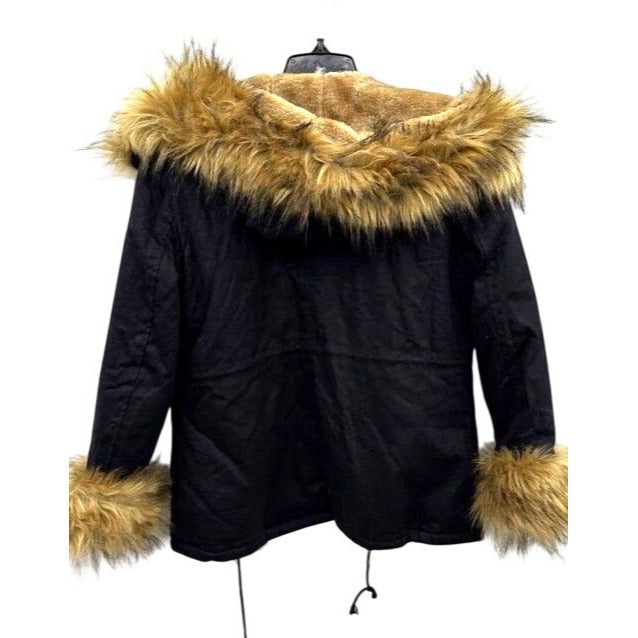 AOFUR Women's Black Jacket With Faux Fur Trimmed Hood & Cuffs Size XL