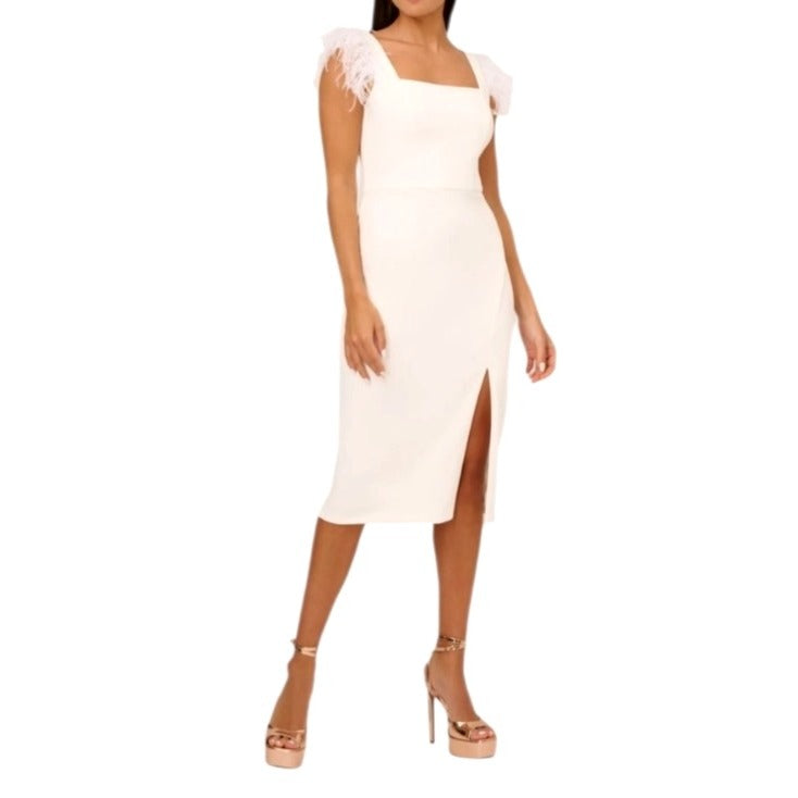 Adrianne Papell White Feather-Trimmed Midi Dress With Side Slit Sz 14 NWT