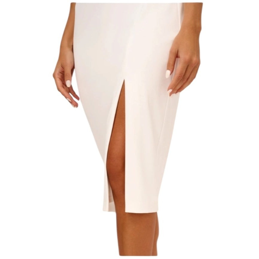 Adrianne Papell White Feather-Trimmed Midi Dress With Side Slit Sz 14 NWT