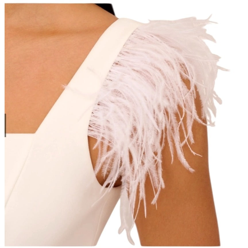 Adrianne Papell White Feather-Trimmed Midi Dress With Side Slit Sz 14 NWT