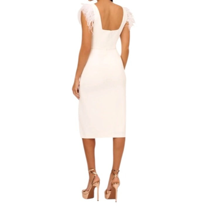 Adrianne Papell White Feather-Trimmed Midi Dress With Side Slit Sz 14 NWT