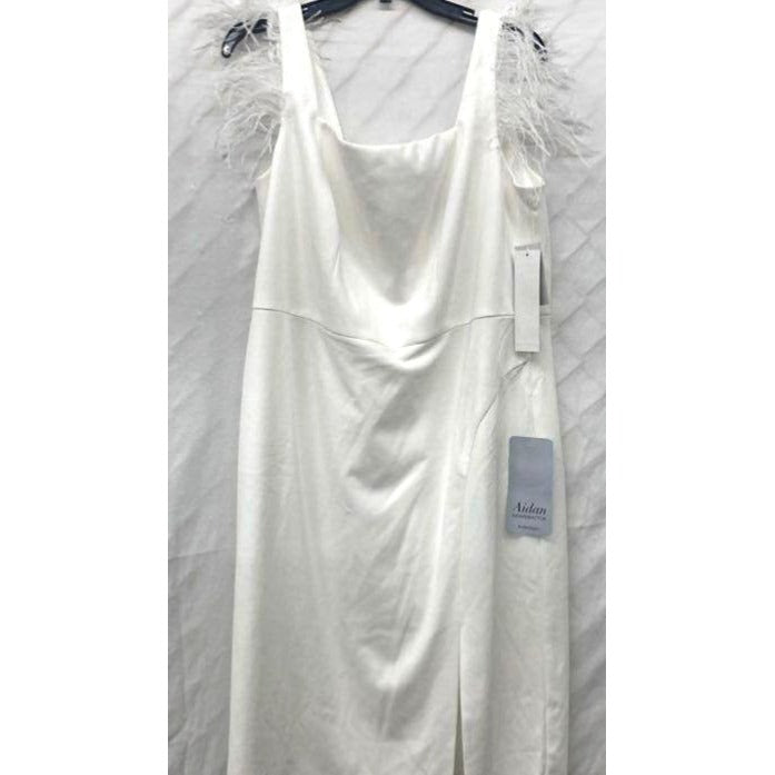 Adrianne Papell White Feather-Trimmed Midi Dress With Side Slit Sz 14 NWT