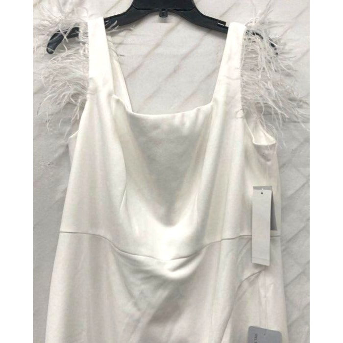 Adrianne Papell White Feather-Trimmed Midi Dress With Side Slit Sz 14 NWT