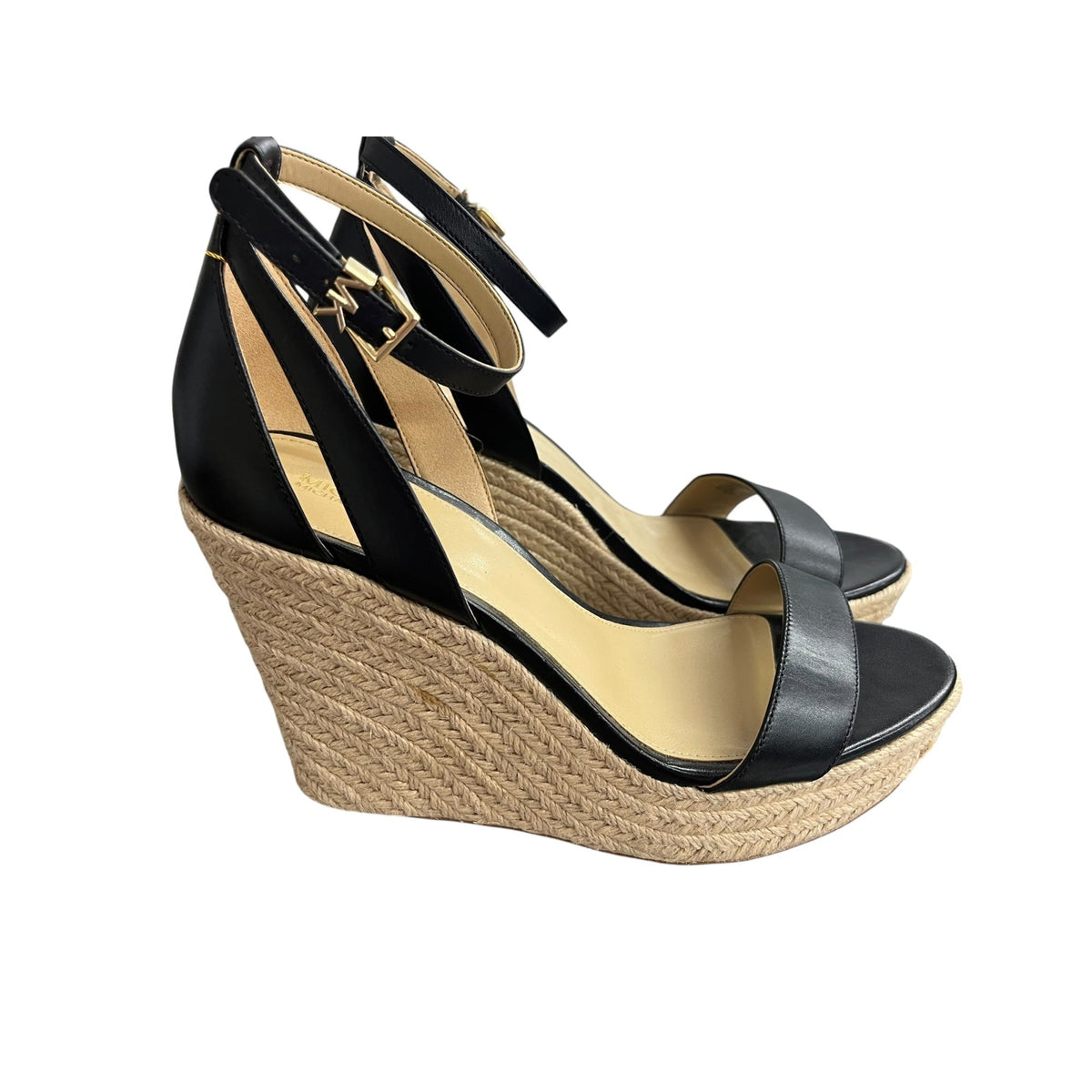 Michael Kors Kimberly Black Leather Espadrille Wedge Sandals Size 10M
