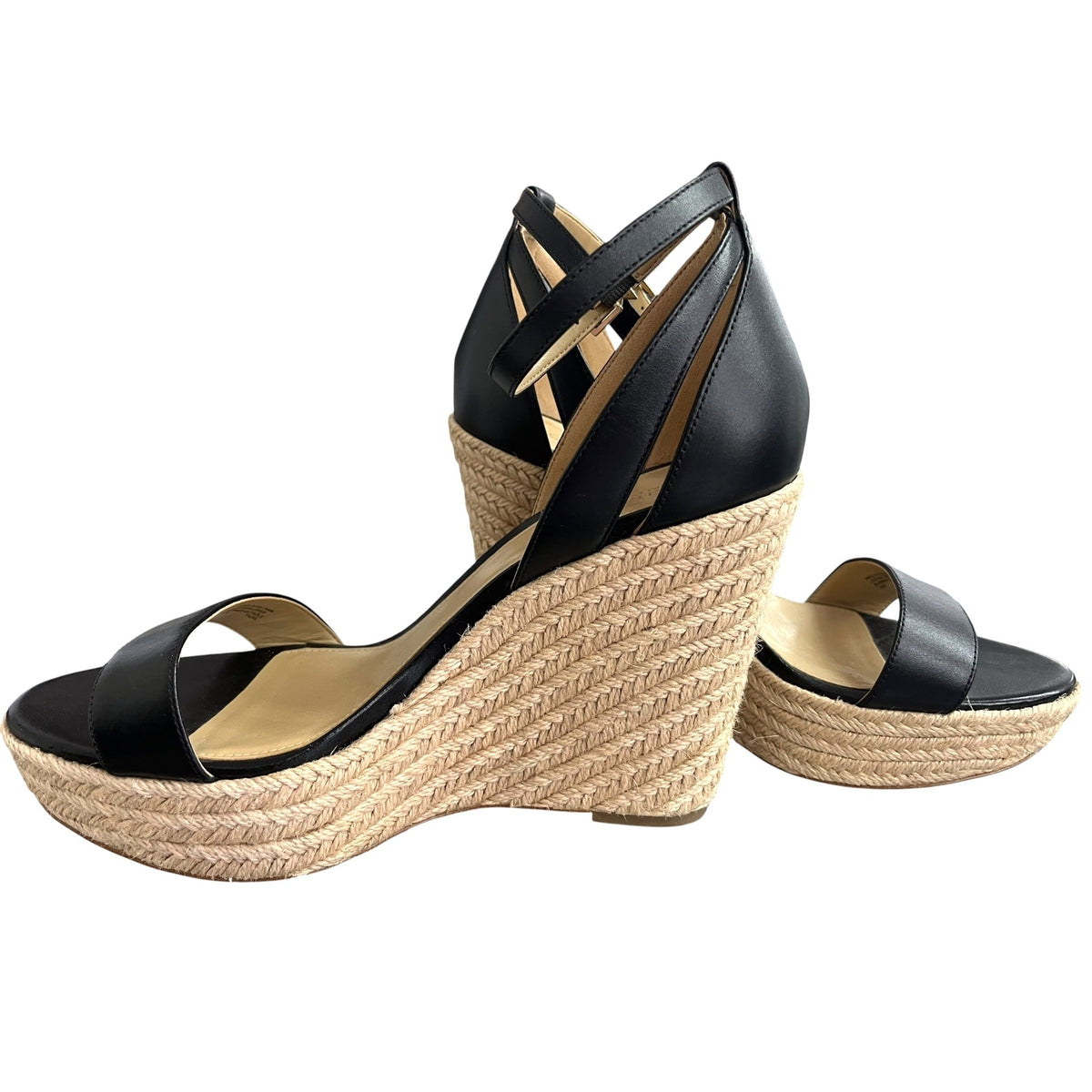 Michael Kors Kimberly Black Leather Espadrille Wedge Sandals Size 10M