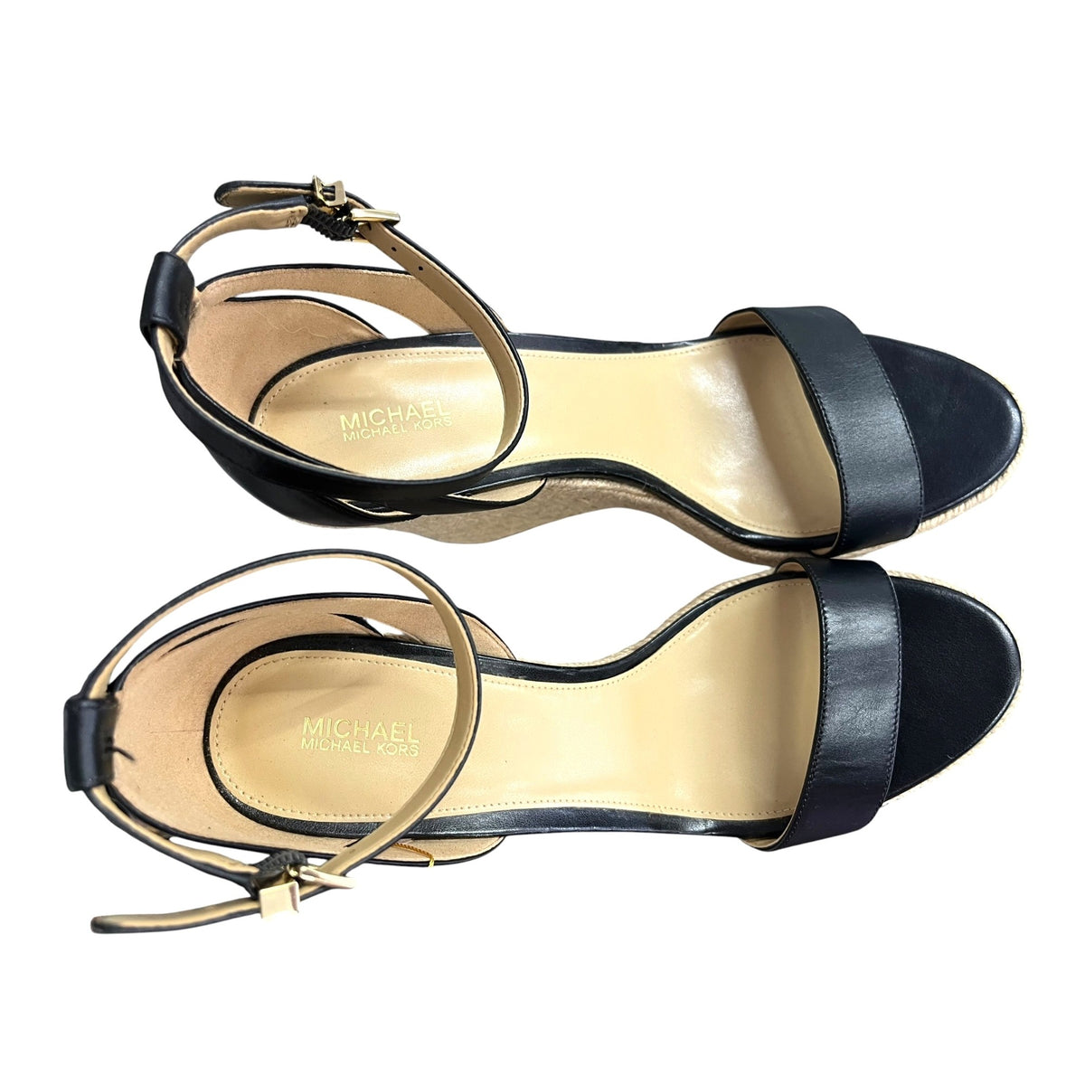 Michael Kors Kimberly Black Leather Espadrille Wedge Sandals Size 10M