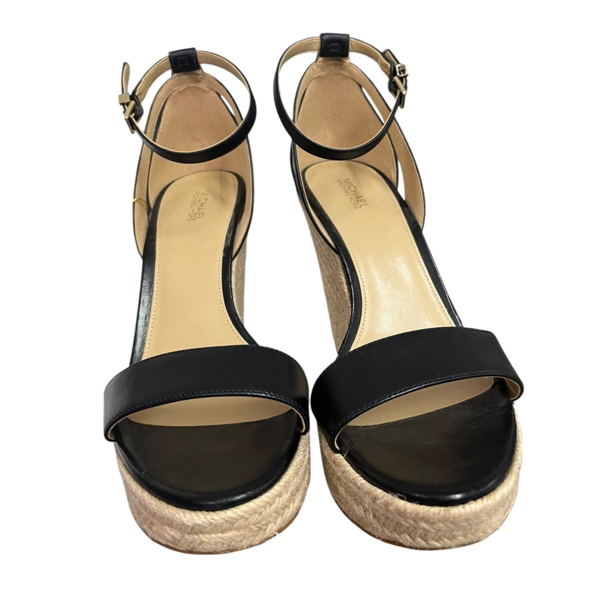Michael Kors Kimberly Black Leather Espadrille Wedge Sandals Size 10M
