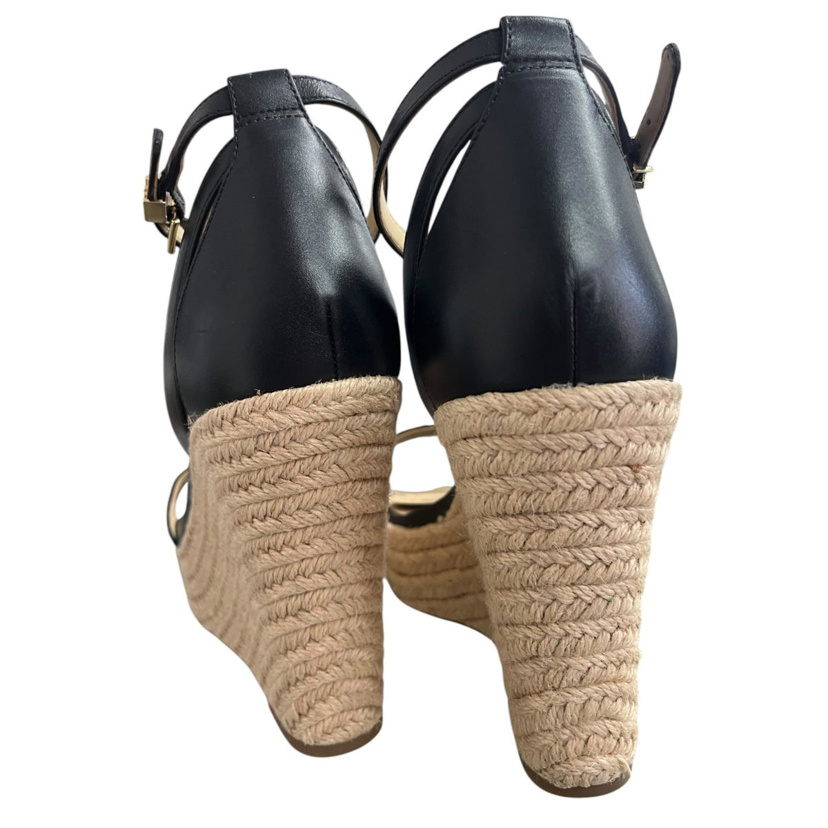 Michael Kors Kimberly Black Leather Espadrille Wedge Sandals Size 10M
