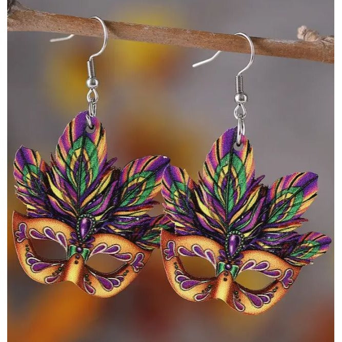 Carnival Feather Mask Earrings - Mardi Gras Themed Lightweight NEW