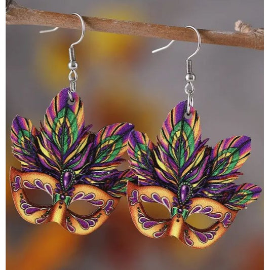 Carnival Feather Mask Earrings - Mardi Gras Themed Lightweight NEW