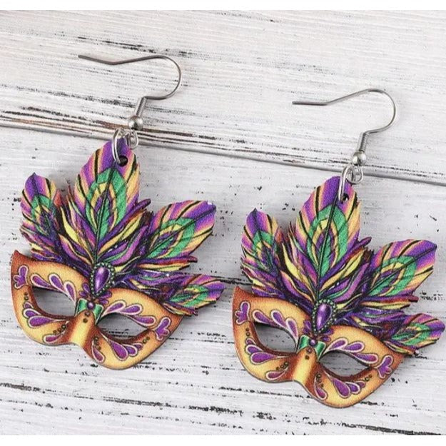 Carnival Feather Mask Earrings - Mardi Gras Themed Lightweight NEW
