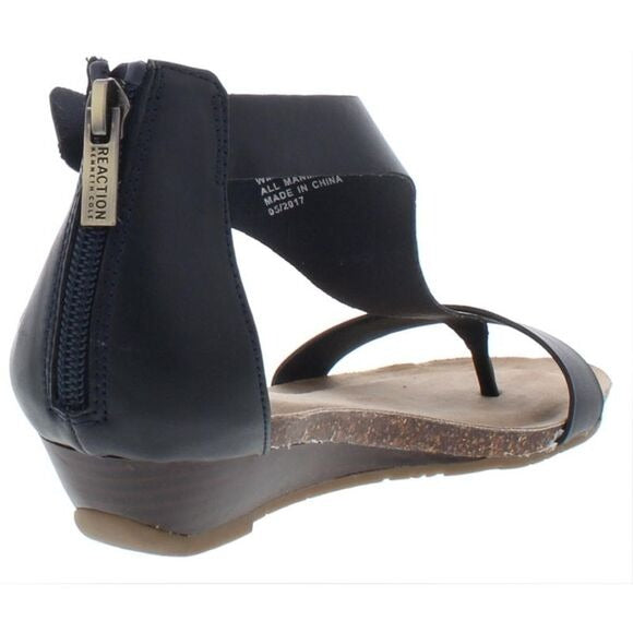 Kenneth Cole Reaction Women's Great Gal Navy T-Strap Wedge Sandals Shoes Size 10
