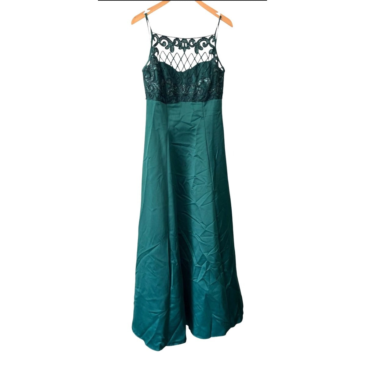 Morgan And Co. Green Prom Dress With Lace Overlay & Spaghetti Straps Size 9/10