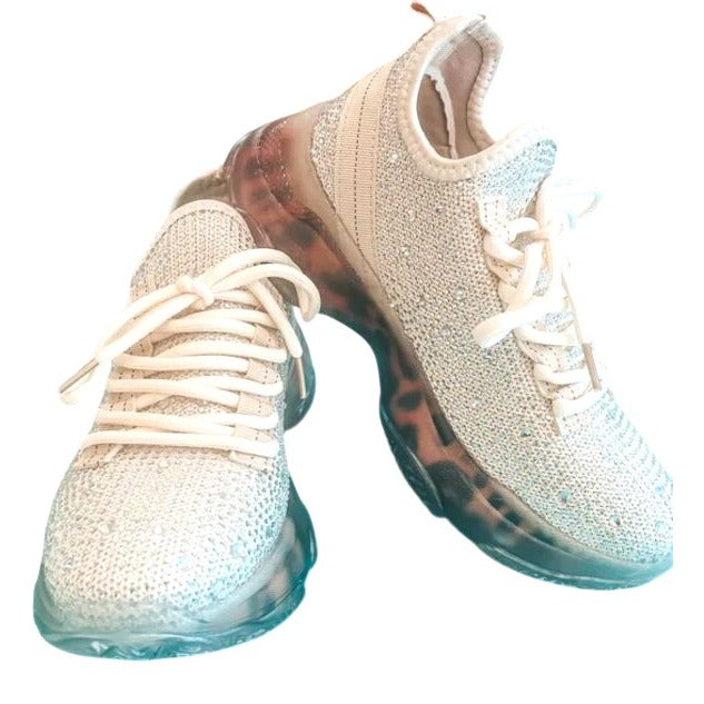 Very G Hella Cream Rhinestone Chunky Sneakers With Leopard Print Sole Women's Fashionable Casual Shoes Size 6