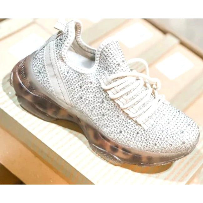 Very G Hella Cream Rhinestone Chunky Sneakers With Leopard Print Sole Women's Fashionable Casual Shoes Size 6