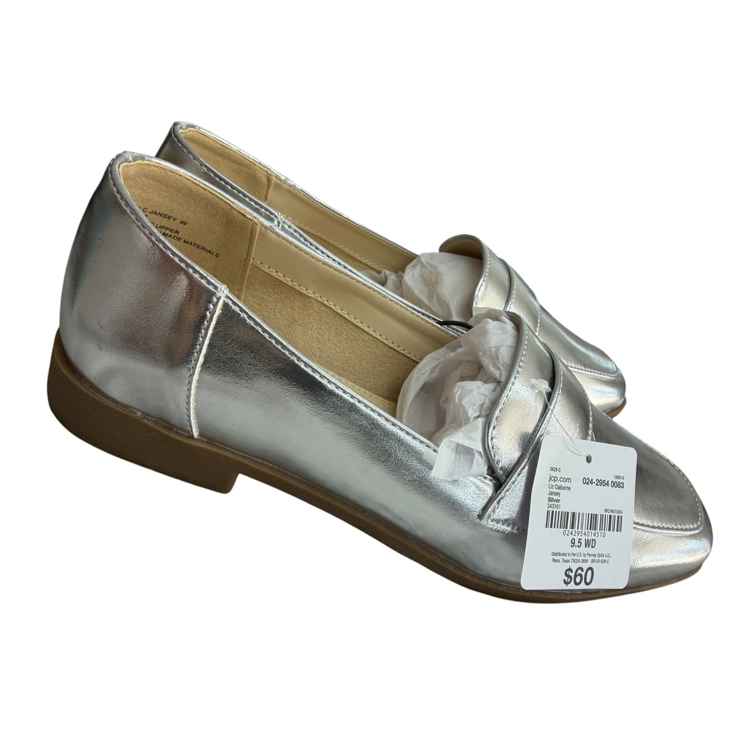 Liz Claiborne Womens Silver Loafers Memory Foam Size 9.5W Wide Width New Without Box