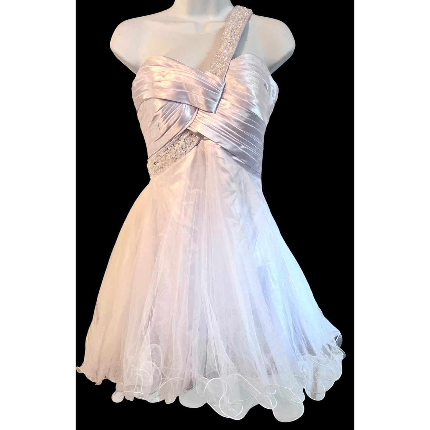 One-Shoulder White Satin & Tulle Dress With Beaded Strap And Bodice SZ S