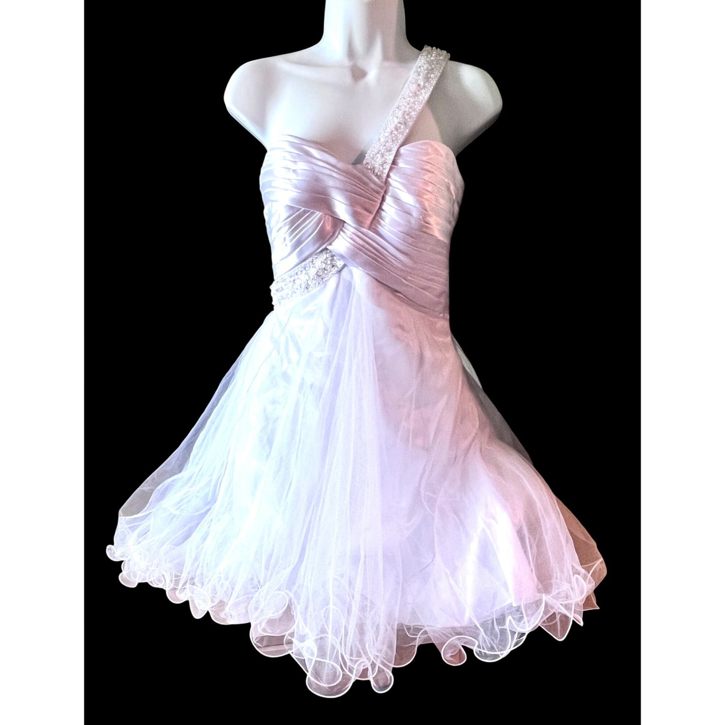 One-Shoulder White Satin & Tulle Dress With Beaded Strap And Bodice SZ S
