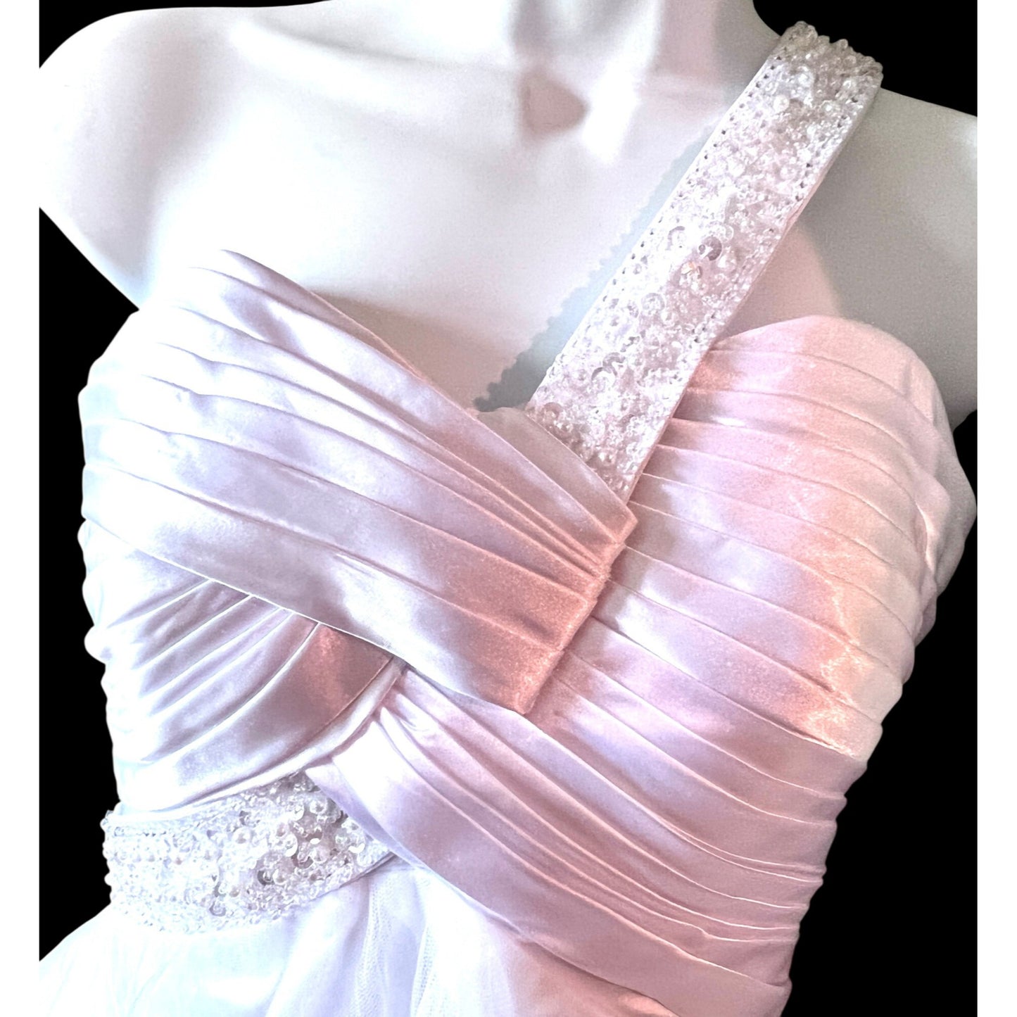 One-Shoulder White Satin & Tulle Dress With Beaded Strap And Bodice SZ S